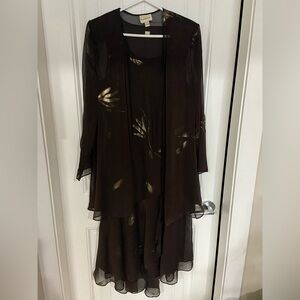 Tradition two piece Elegant Brown Chiffon Dress and jacket with Gold Accents